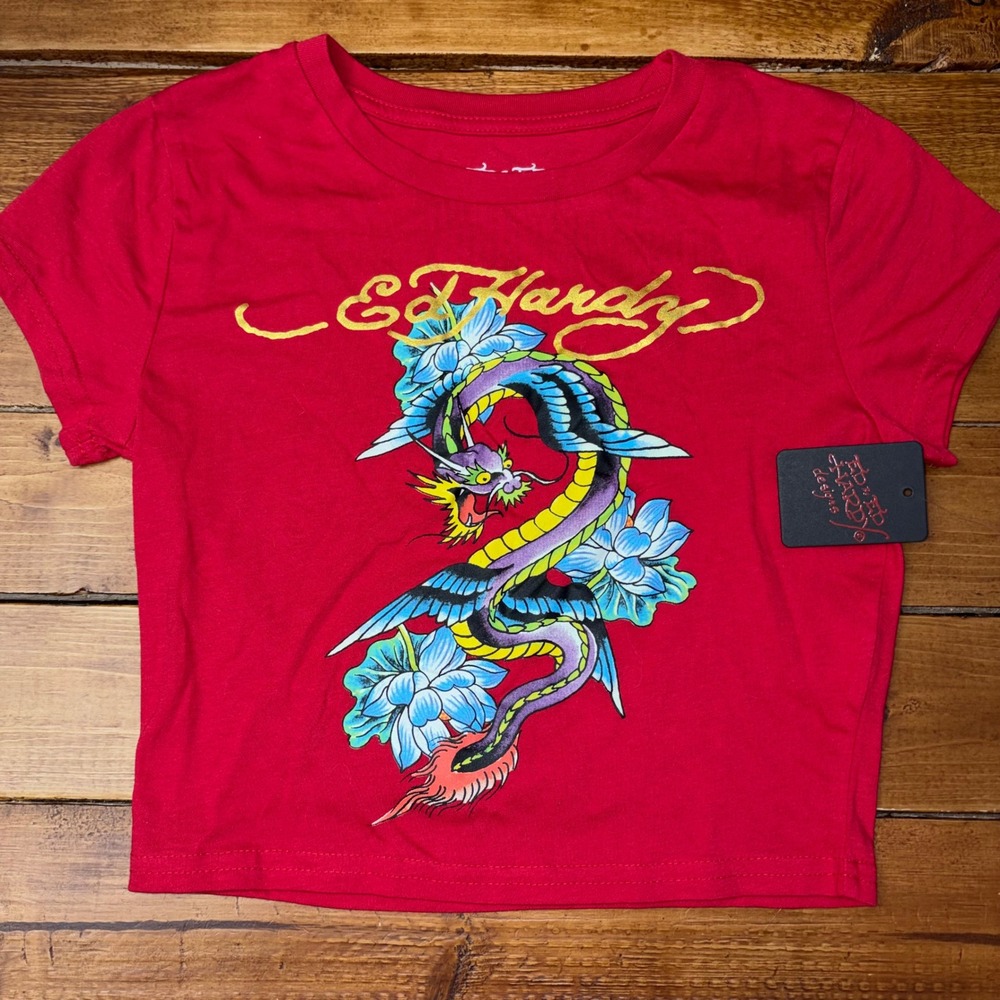 Ed Hardy Baby Tee Girls Small Cherry Red Dragon Graphic Cropped EHW1104-128E NEW